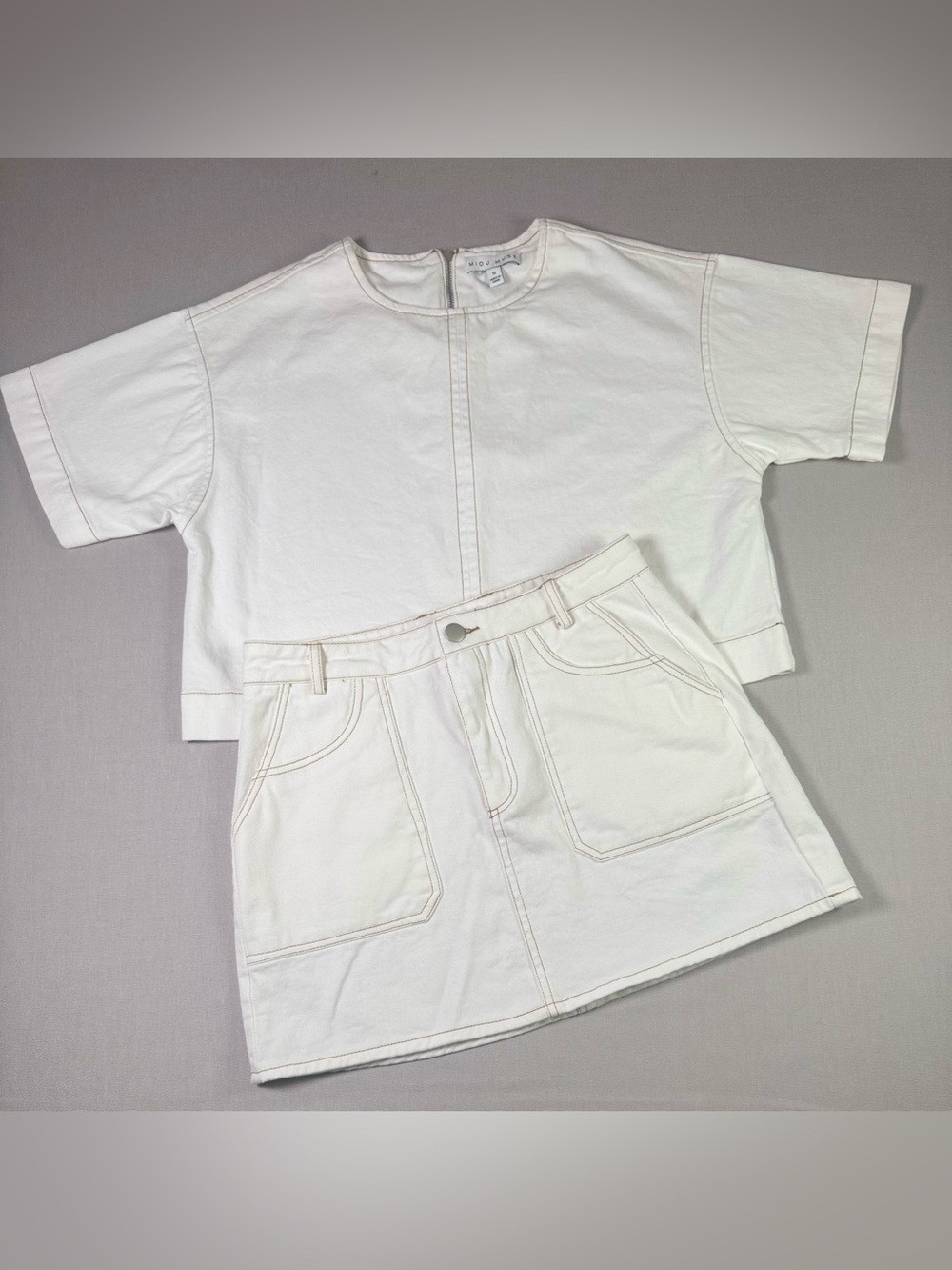 MIOU MUSE White Denim 2 Piece Set Crop Top Mini Skirt Small